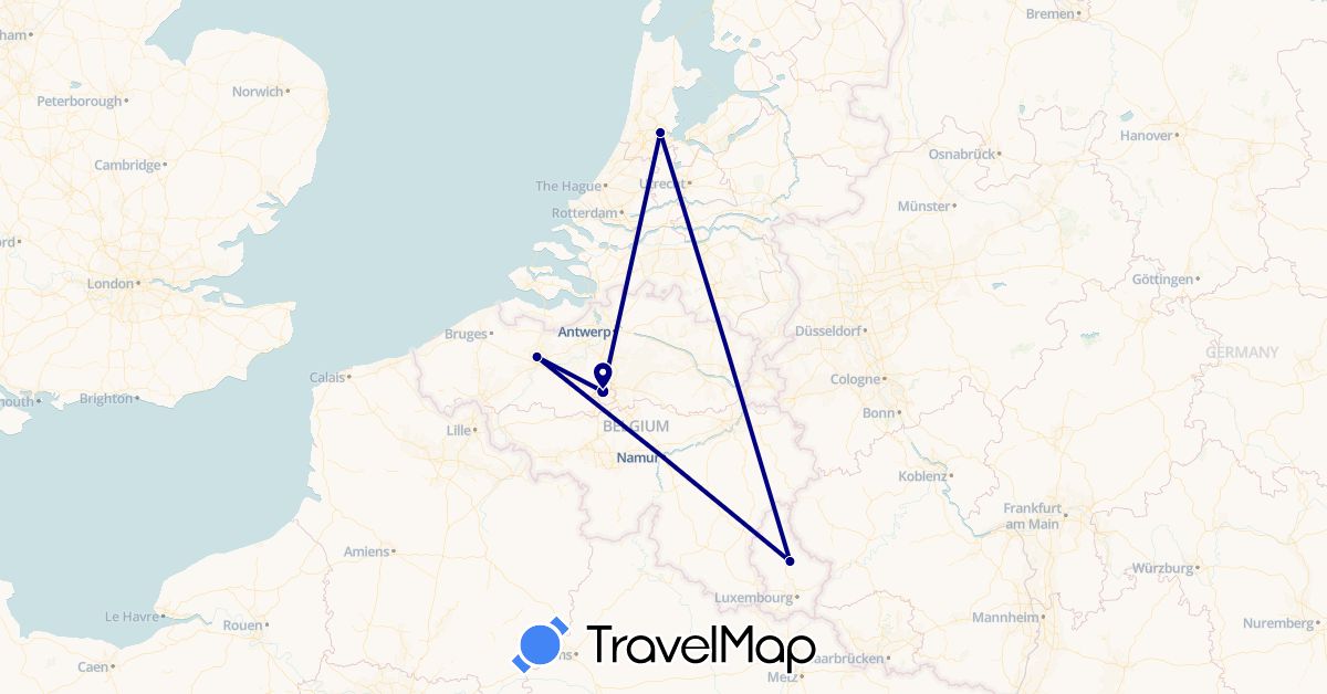 TravelMap itinerary: driving in Belgium, Luxembourg, Netherlands (Europe)